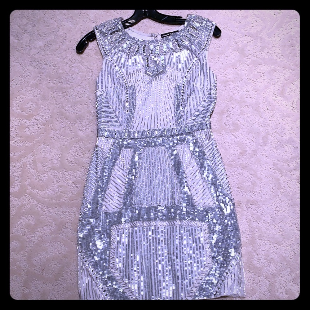 White with silver beadwork cocktail dress